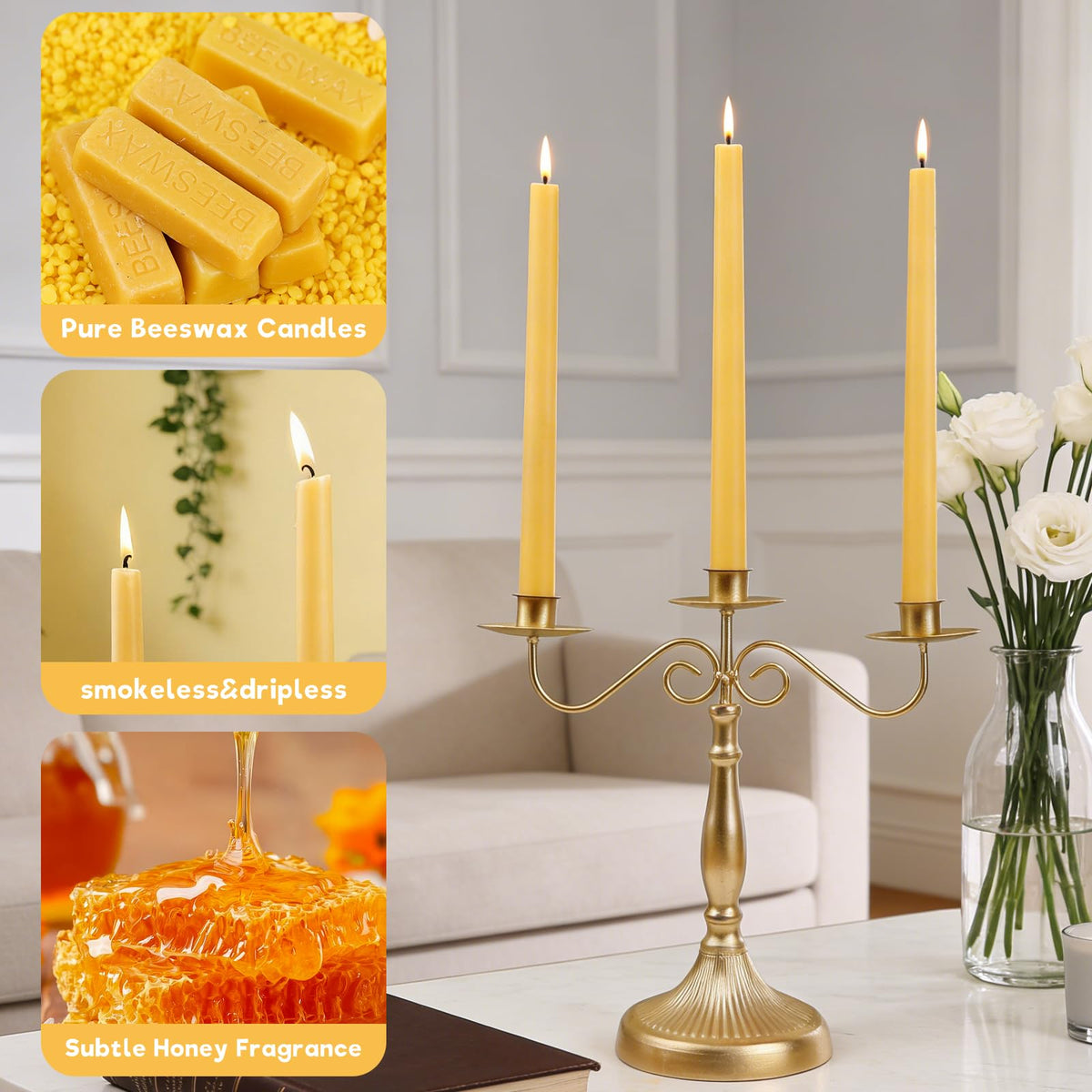 12 Inch Beeswax Taper Candles, 12 Pack Natural Beeswax Candlesticks 12 Hour Extra-Long Burning Time Tapered Beeswax Candle Sticks Smokeless Unscented Emergency Candles Bees Wax Candle for Home Prayer