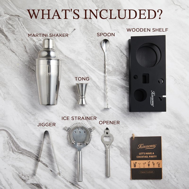 KITESSENSU Cocktail Shaker Set Bartender Kit, 6-Piece Silver Bar Set with Stand, Bar kit with Essential Bar Accessory Tools: Martini Shaker, Jigger, Strainer, Bar Spoon, Tongs, Opener