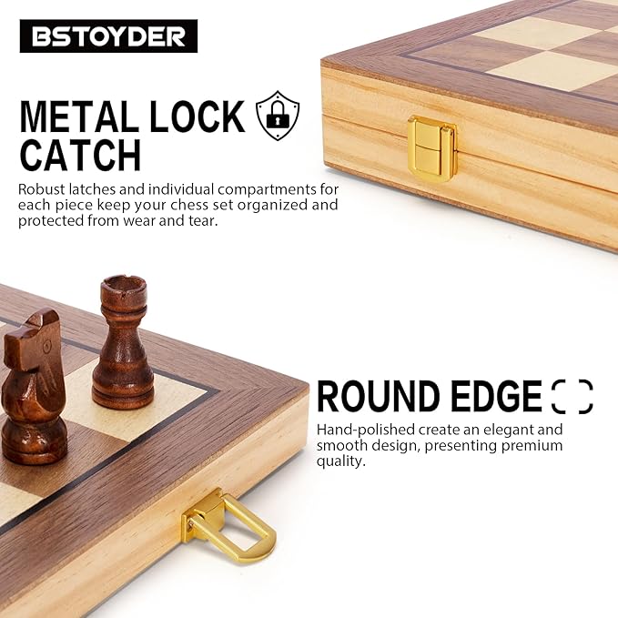 Magnetic Wooden Chess Set for Adults Kids 15 Folding Chess Boards with 2 Extra Queens Portable Travel Chess Sets with Pieces Storage Slots Beginner Chess Game Set for Kids Adults