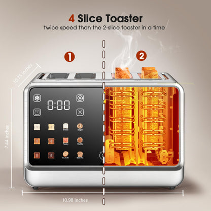 4-Slice Smart Toaster, 1800W Digital Touchscreen with Dual-Zone Control, 1.5" Extra-Wide Slots for Bagels & Thick Bread, 6 Browning Levels & 6 Presets, Single-Slot Energy Saving, Defrost/Reheat