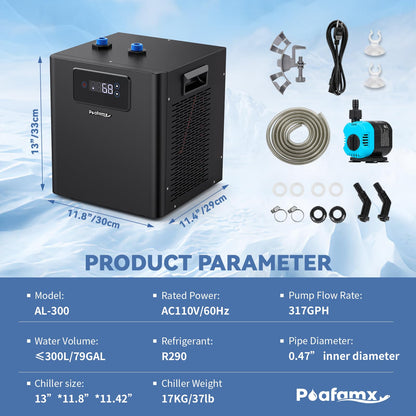 Poafamx Aquarium Chiller 1/3 HP, 79Gal Water Chiller with Upgraded LED Display, Water Pump and Pipe, Quiet Aquarium Cooler for Fish Tank Axolotl Coral Hydroponics System