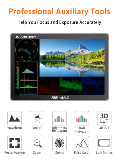 FEELWORLD LUT11S 10.1 Inch Camera Monitor, 2000nit IPS Touch Screen 1920x1200, 4K 60Hz HDMI Camera Field Monitor SDI, Video Assist HDR Waveform Focus Peaking 3D LUT