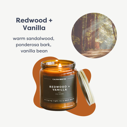 Calyan Wax Co. Redwood & Vanilla Scented Candle - 57 Hour Burn - Luxury Clean Soy Wax Candles - Long Lasting Amber Glass Jar Candle for Home - 7.2oz