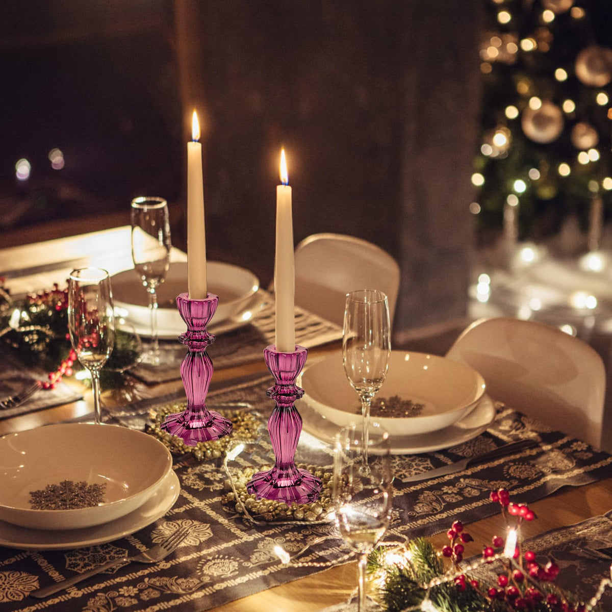 Glass Candle Holders, 2PCS Wide Base Candlestick Holder Decorative Candle Stand Table Centerpieces for Halloween Christmas Wedding Birthday Party, Dark Purple