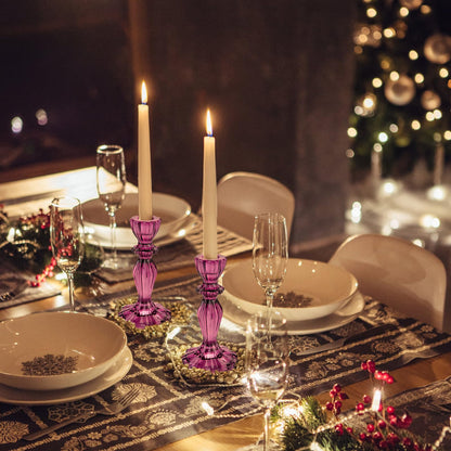 Glass Candle Holders, 2PCS Wide Base Candlestick Holder Decorative Candle Stand Table Centerpieces for Halloween Christmas Wedding Birthday Party, Dark Purple