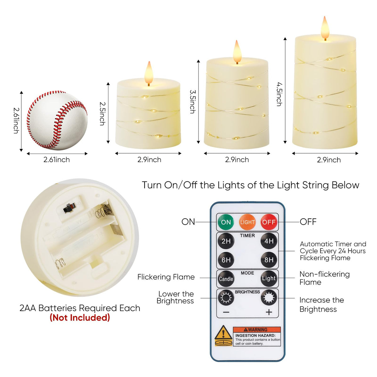 Raycare Flameless Candles with Remote Timer, Flickering Battery Operated LED Pillar Fake Candle with String Lights for Home Decor, Christmas, Wedding and Gift, Ivory, Set of 3