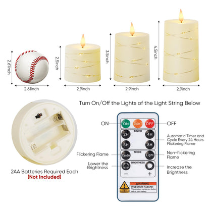 Raycare Flameless Candles with Remote Timer, Flickering Battery Operated LED Pillar Fake Candle with String Lights for Home Decor, Christmas, Wedding and Gift, Ivory, Set of 3