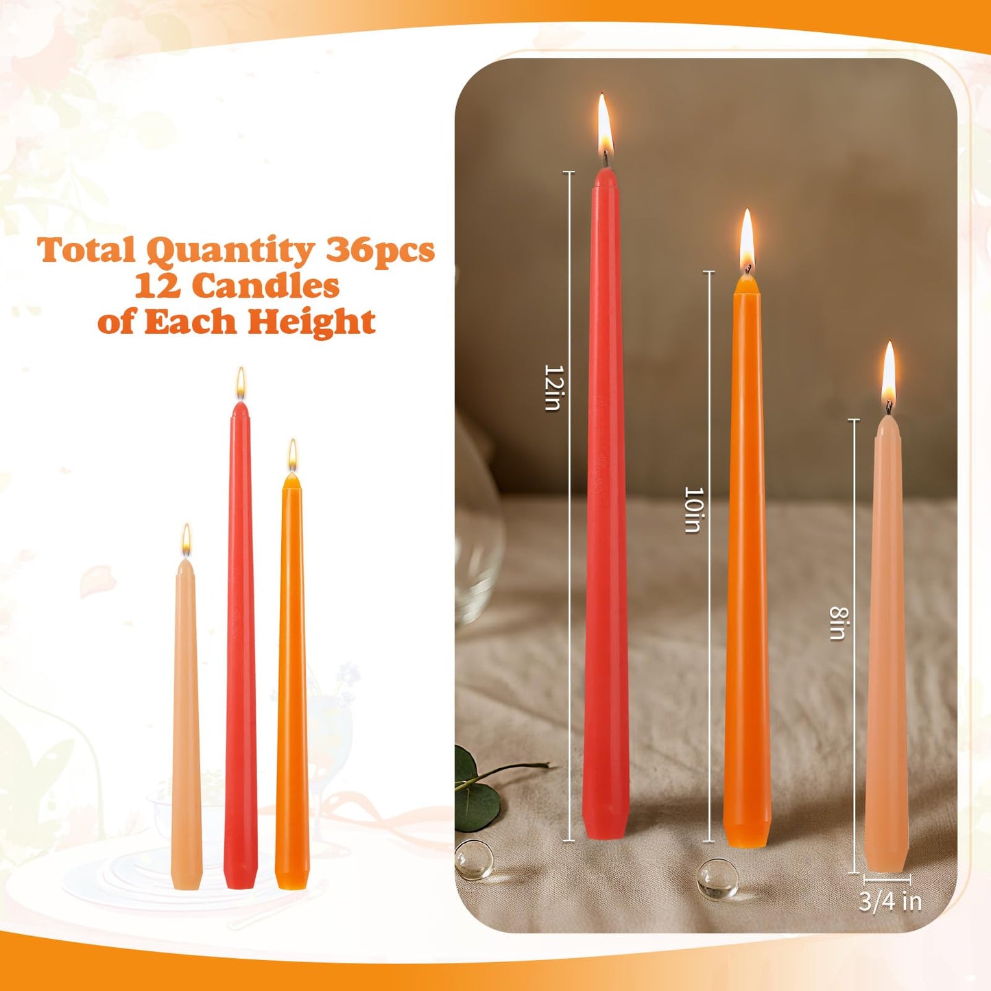 MTLEE Taper Candles 8/10/12 Multi Height Unscented Taper Candles 8 Burn Hours for Dinner Decorative Home Decoration Fall Thanksgiving Wedding Party Candlesticks(Gradient Orange,36)