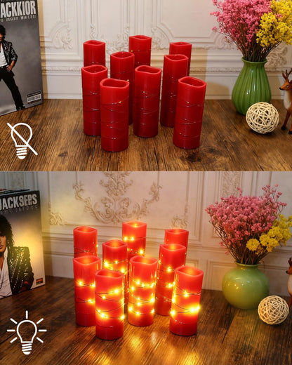 Red Flameless Pillar Candles with String Lights – 9 Pack Real Wax LED Candles, Remote Controlled with 2/4/6/8H Timer, Each Uses 2 AA Batteries (Not Included) for Christmas & Holiday Home Décor