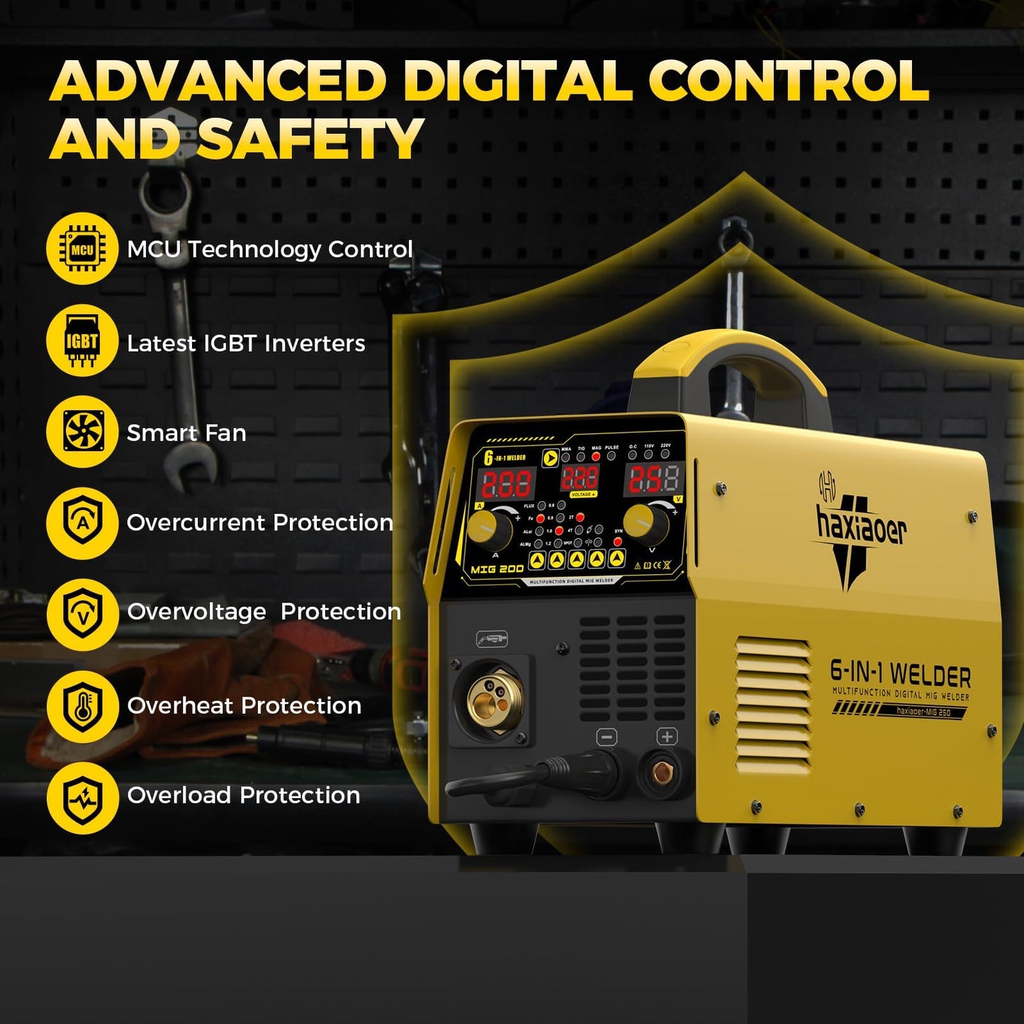 200A MIG Welder 110V/220V Dual Voltage 6 IN 1 MIG/Stick/Flux/Lift TIG Welder,Synergistic Control,LED Display,IGBT Portable Welding Machine for Steel Stainless Steel DIY & Fabrication