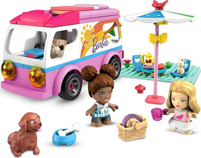 MEGA Construx Barbie Kids Building Toy Set Adventure DreamCamper with 123 Pieces 2 Micro-Dolls Furniture and Accessories Pink Ages 5+ Years