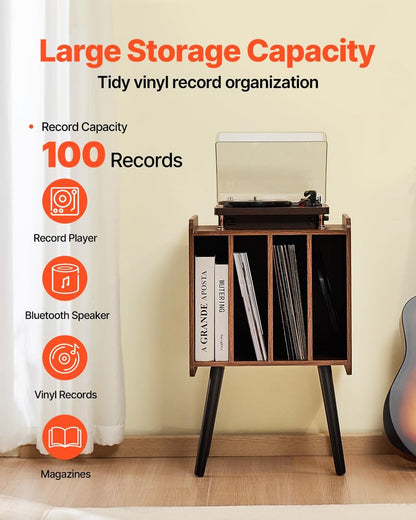 VEVOR Record Player Stand, 2 Tiers Turntable Stand with 4 Cabinets, Holds up to 100 Albums, Wooden Vinyl Record Storage Cabinet with Display Shelf for Bedroom, Living Room, Brown