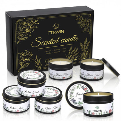 TTRWIN Relaxing Scented Candles Gift Set - 6 Natural Soy Wax Candles for Cosy Home, Aromatherapy Soy Candles in Jars, Stress Relief and Gifts, Christmas, Birthday, Spa Scents for Women, Men