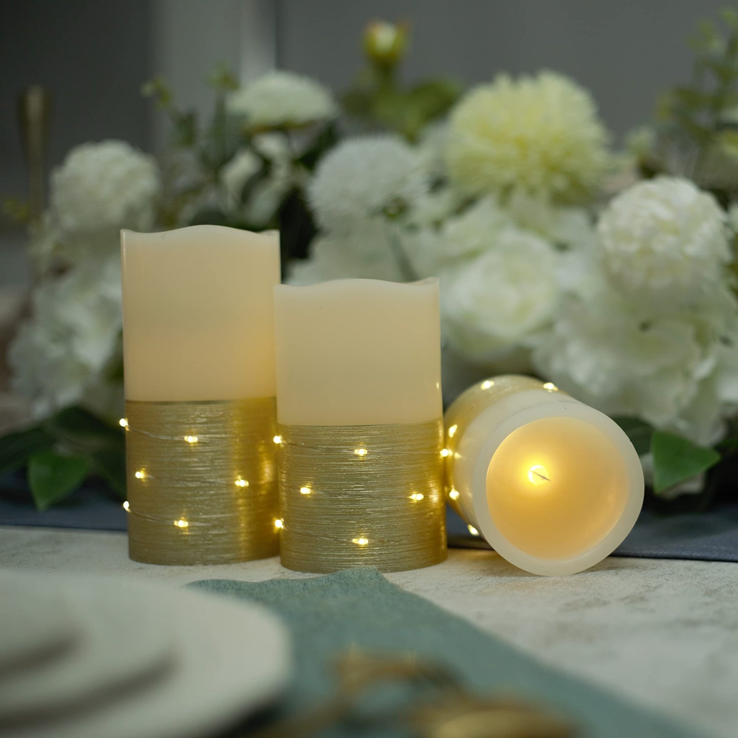 H-BLOSSOM Flickering Flameless Candles Ivory Real Wax Pillar with Embedded String Lights LED Candles Battery Operated with 10 Key Remote and Cycling 5H Timer Set of 3 (3" x 4"/5"/6") (Gold)