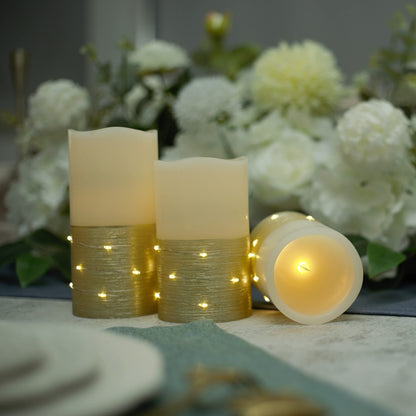 H-BLOSSOM Flickering Flameless Candles Ivory Real Wax Pillar with Embedded String Lights LED Candles Battery Operated with 10 Key Remote and Cycling 5H Timer Set of 3 (3" x 4"/5"/6") (Gold)