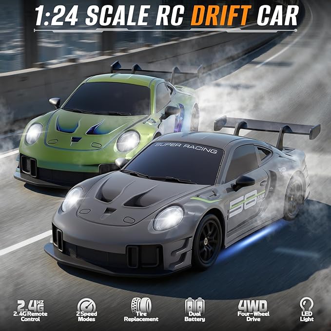 RC Drift Car 1:24 4WD Remote Control Cars Vehicle with LED Light2.4GHz 20KM/H High Speed RC Cars with Two Batteries &amp Drifting Tires Racing Sport Toy for Adults Boys Girls Kids