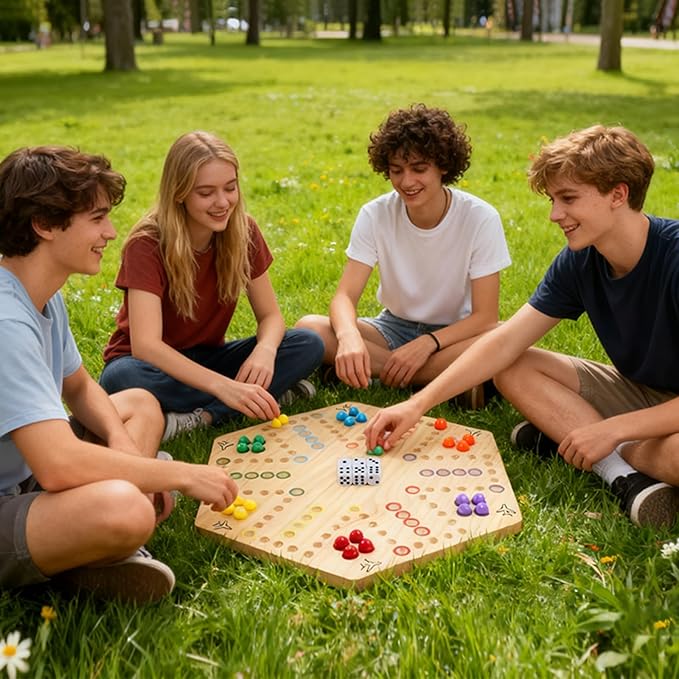 Large Size 20 inches Wood Wahoo Marble Board Game 2 Sided Game 4-6 Player for Friends and Family Party Classic Wahoo Style Strategy Racing Game with 6 Dices30 Marbles (Log)