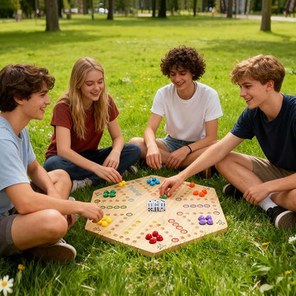 Large Size 20 inches Wood Wahoo Marble Board Game 2 Sided Game 4-6 Player for Friends and Family Party Classic Wahoo Style Strategy Racing Game with 6 Dices30 Marbles (Log)