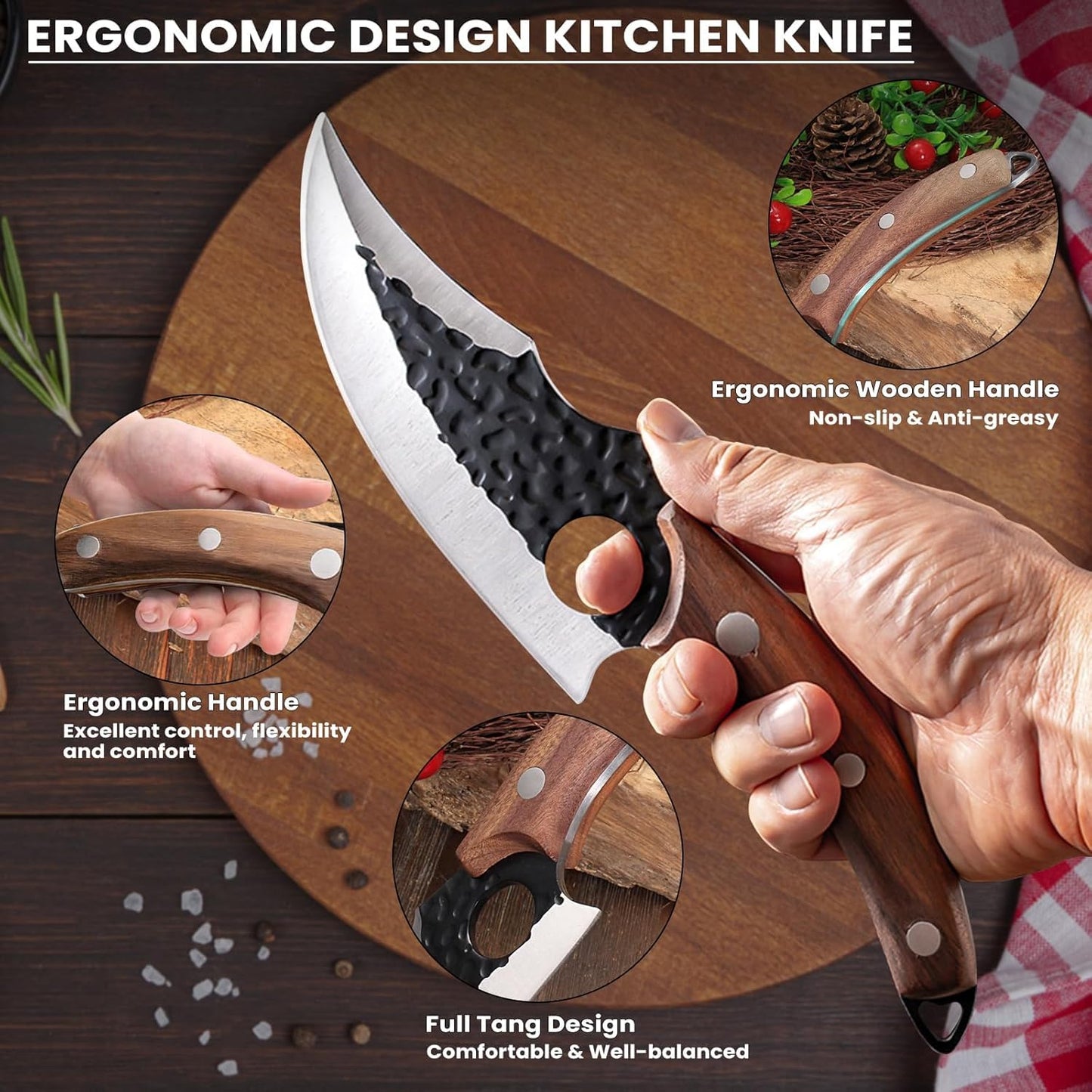 MDHAND Chef Knife - Hand Forged Kitchen Knife, High Carbon Steel Butcher Knife for Meat Cutting, Japanese Chef Knives for Camping, Outdoor, BBQ, Gifts for Men