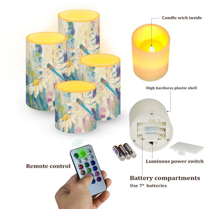 Cozeyat Dragonfly Garden Flameless Candles 4 Pack Battery Operated LED Pillar Candles with Remote Control Timer Color Changing for Home Wedding Garden