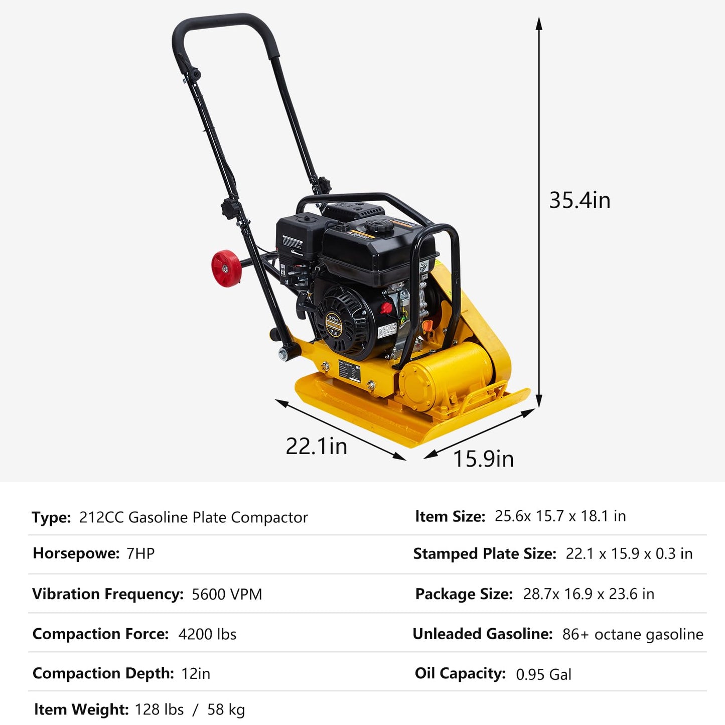 7HP Plate Compactor, 212CC Gas Engine and a Compaction Force of 4200 Lbs, 22.1 x 15.9 Inch Plate Jumping Jack Tamper, Operates At 5600 VPM, for Asphalt and Paver Landscaping Tasks