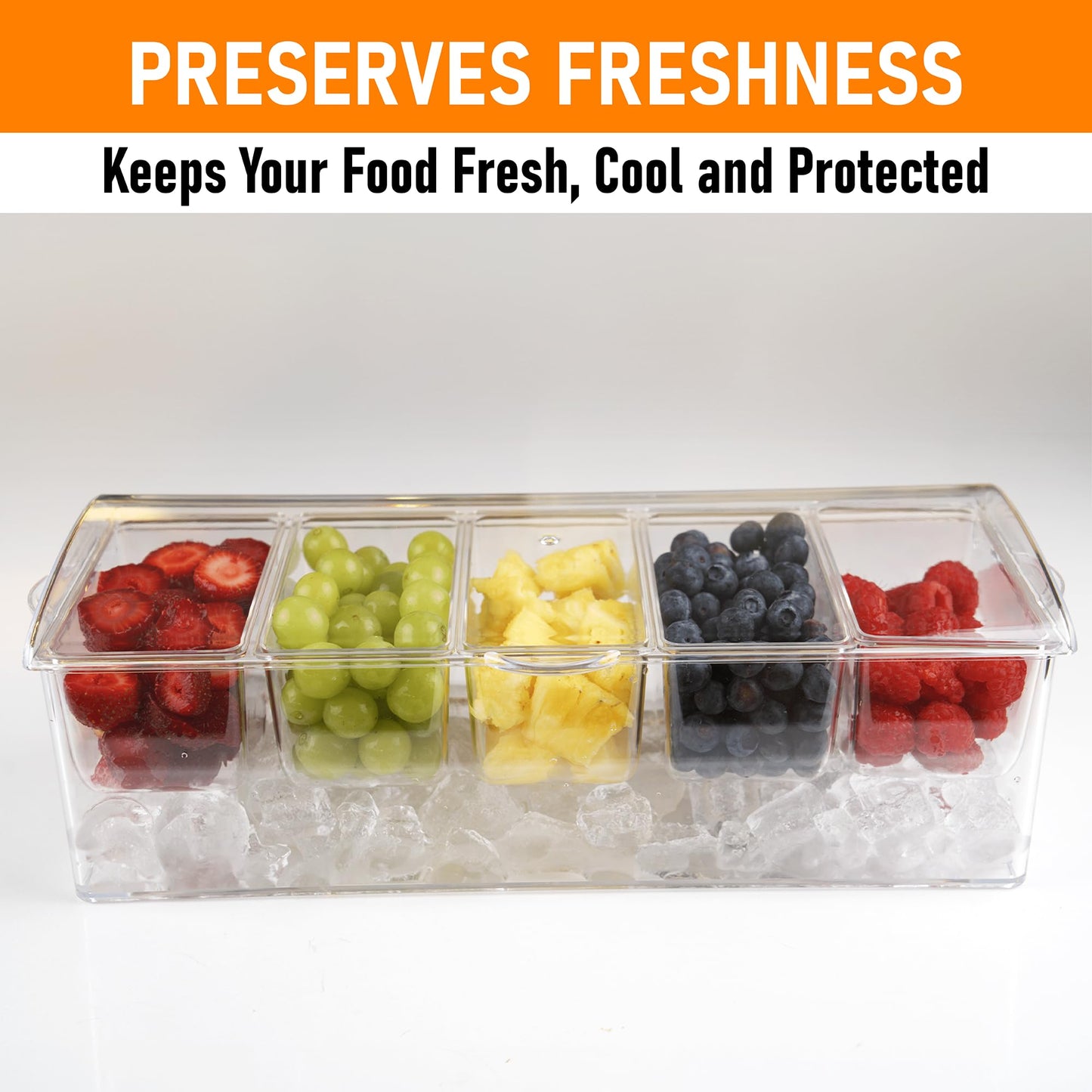 Ice Chilled Condiment Containers with Hinged Lid - Chilled Condiment Server with Lid, Clear Serving Tray Includes 5 Detachable Compartments, 3 Tongs, 3 Spoon and 1 Grey Pad