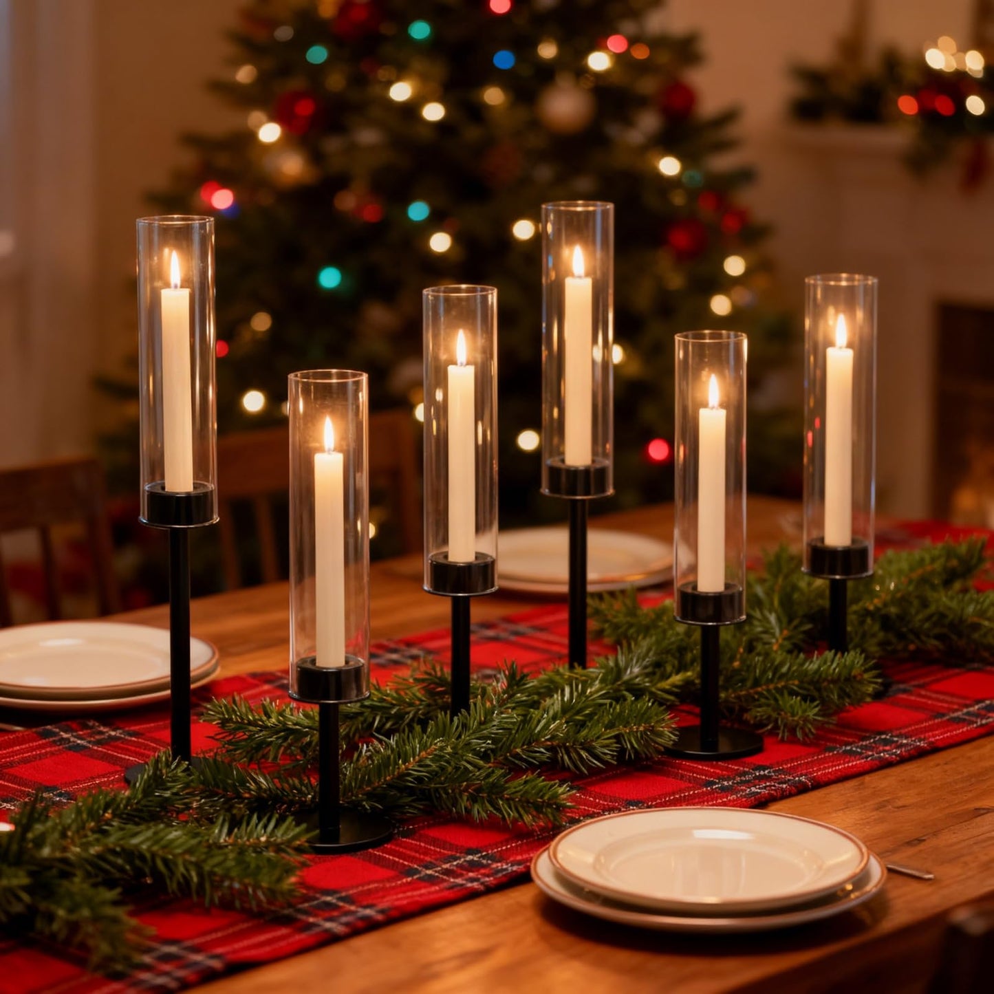 Black Hurricane Glass Candle Holders Set of 6, Tall Metal Taper Candle Stick Holder, Clear Candlestick Holders, Table Centerpieces Decor for Dining Dinner, Weddings, Christmas Fireplace Decorations