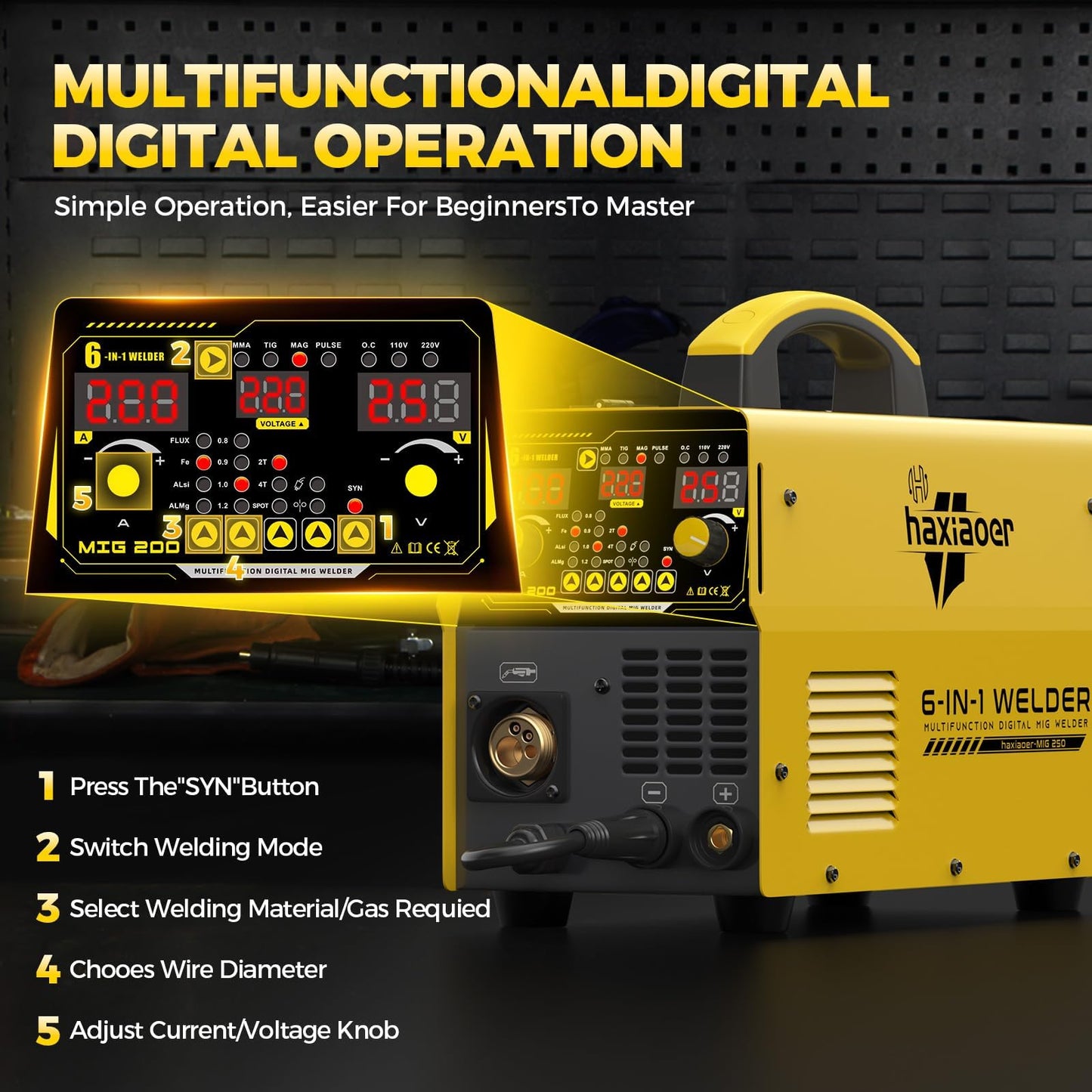 200A MIG Welder 110V/220V Dual Voltage 6 IN 1 MIG/Stick/Flux/Lift TIG Welder,Synergistic Control,LED Display,IGBT Portable Welding Machine for Steel Stainless Steel DIY & Fabrication