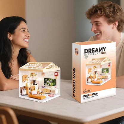 DIY Miniature House Kit for Adults LED Living Room Dollhouse Kit with Furniture &amp Roof Creative Building Toy for Mini Figures Adult Craft Kits &amp Room Decor Gift