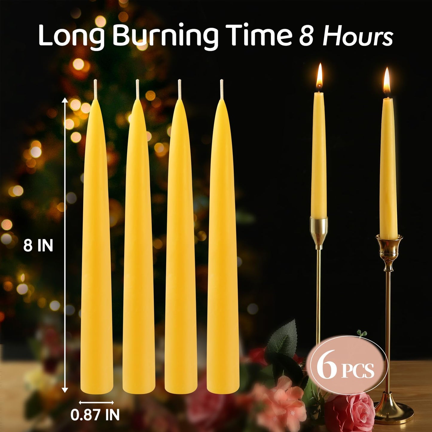 Beeswax Taper Candles,8in Pure Beeswax Candles Bluk-6 Pcs,8 Hours Long Burning Bees Wax Candle for Home,Dripless Smokeless Taper Candle Sticks for Prayer,Party,Unscented Natural Taperd Candles