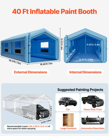 VEVOR Inflatable Paint Booth, 39.37 x 16.40 x 13.12 ft, Inflatable Spray Booth with 950W+1100W Blowers, Air Filter System, Triangular Roof, for Painting Car, Truck, Furniture, Automotive Sheet Metal