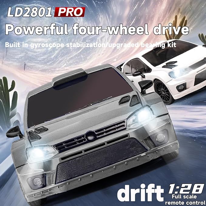 LD2801Pro Mini RC Drift Car 1/28 Scale RTR Remote Control 4WD Racing Cars with Gyro and 4PCS Drift Tires and LED Searchlight for Hobby Gift (Silvery)