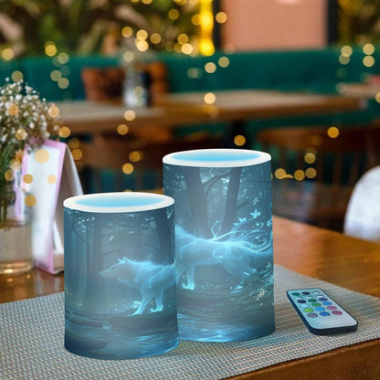 ALAZA Flameless Candles with Remote Timer,Forest Mysterious Blue Wolf Battery Operated Candles Set of 2 LED Tea Lights Flickering Pillar Votive Candles for Indoor Outdoor Decor
