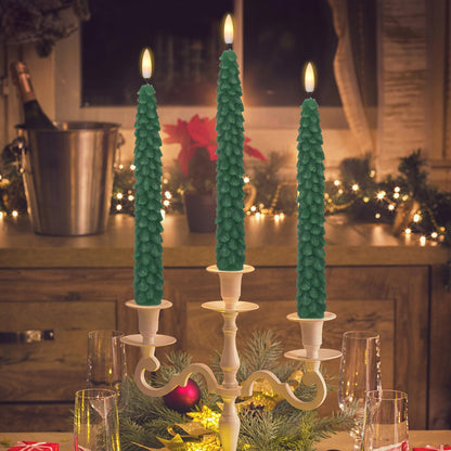 DRomance Christmas Tree Flameless Taper Candles Battery Operated with 10-Key Remote and Cycle Timer 4 Pack Real Wax 3D Wick Flickering LED Candlesticks Holiday Decor(Green, 0.79 x 9.9 Inch)