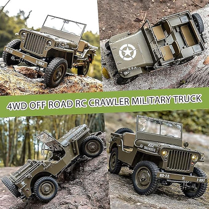 FMS Rochobby RC Car 112 1941 MB Scaler Willys Jeep Remote Control Crawler Military Truck 4x4 Offroad Vehicle with Transmitter Battery and Charger Small RC12001RTR Hunter Green