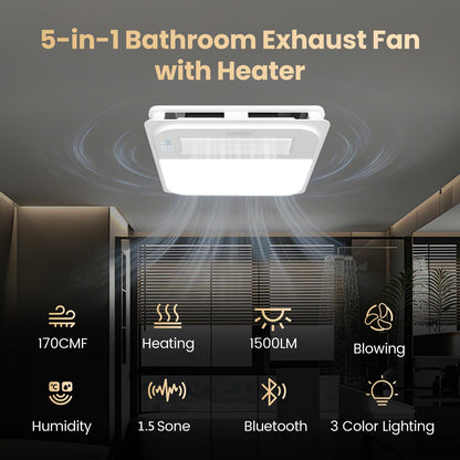 LIVSGREE 5-IN-1 Bathroom Exhaust Fan with Heater 1600W & 3CCT LED Light & Humidity Sensor, & Bluetooth Speaker, 170 CFM, 6-RGB, 1.5 Sone Quiet Ceiling Bath Fan With Remote Control for Bathroom Heating