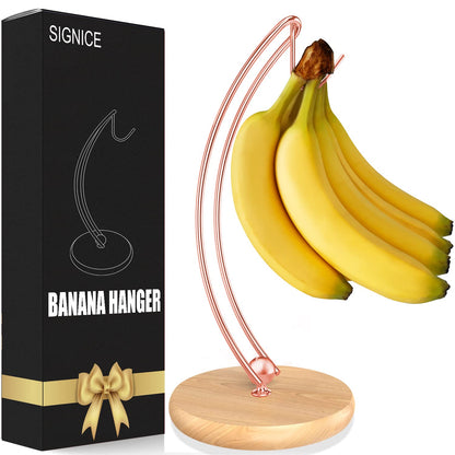 Signice Banana Holder Stand - Patented Modern Banana Tree Hanger with Wood Base Stainless Steel Banana Rack for Home Kitchen Use,Doesn't Tip Over (Rose Gold)