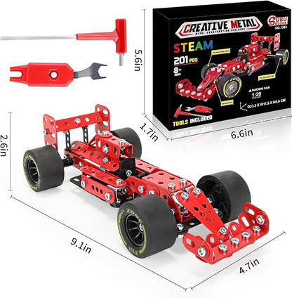 BESTYMXY Building Kit Car Model 1:20 Scale Race Car Metal Model STEM Project Building Assembly Toy Set STEM Projects Toys for Boys 8-12 Red Vehicle DIY Assembly Metal Model