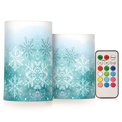 Silver Winter Teal Turquoise Snowflakes Christmas Flickering Flameless Candles Battery Operated with Remote Timer,Tea Light Candles LED Pillar Votive Candles set of 2 for Outdoor Indoor Decorations