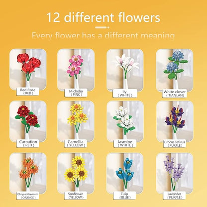 SIENON Flower Bouquet Building Blocks Set-1064PCS 12 Kinds of Flowers Botanical Collection Assorted Flowers Brick Toys Creative Project for Home Room Decoration Valentines’ Day Christmas Birthday