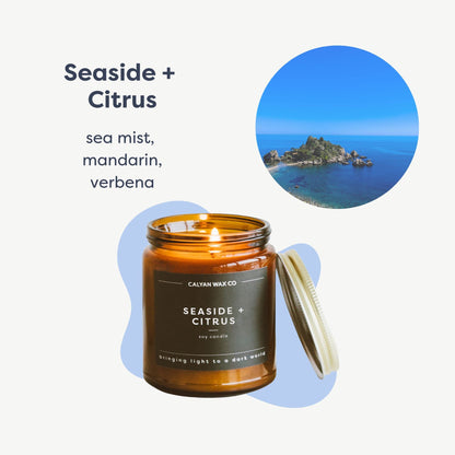 Calyan Wax Co. Seaside & Citrus Scented Candle - 57 Hour Burn - Luxury Clean Soy Wax Candles - Long Lasting Amber Glass Jar Candle for Home - 7.2oz