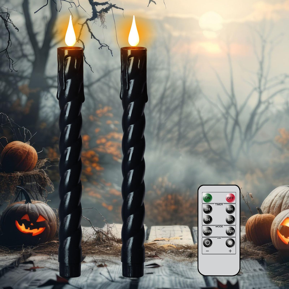 DRomance Flickering Flameless Taper Candles with Remote and Timer, 2 Pack Battery Operated LED Taper Candles 3D Wick Plastic Dripping Effect Dinner Halloween Indoor Decor(Black, 0.78" D x 9.65" H)