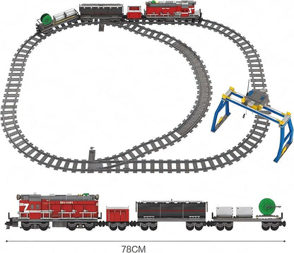 General Jim's Red Diesel Cargo Train Building Blocks Set - 1000+ Piece City Series with Automatic Running System Railway Tracks and Truck - L Gauge - Compatible w/Major Brick Brand Tracks - GJ-EBRT