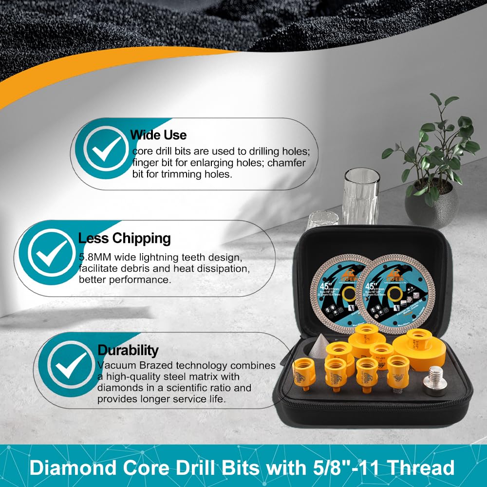 EXFEIN Diamond Tile Hole Saw Kit 12pcs - 6/8/10/25/35/50/65mm Core Drill Bits,10mm Milling Bit and 2" Chamfer Bit with Hex Adapter and 4.5" 2pcs Diamond Blade and for Tile Porcelain Marble