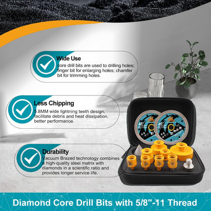 EXFEIN Diamond Tile Hole Saw Kit 12pcs - 6/8/10/25/35/50/65mm Core Drill Bits,10mm Milling Bit and 2" Chamfer Bit with Hex Adapter and 4.5" 2pcs Diamond Blade and for Tile Porcelain Marble