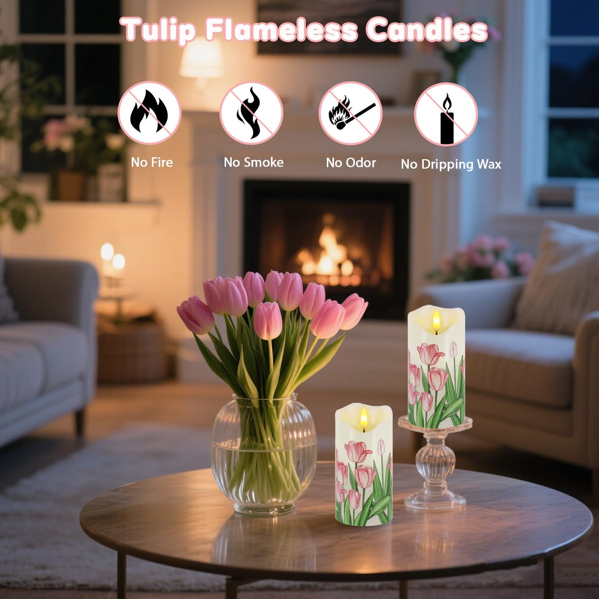 Flameless Candles Set of 2, 6"x3" Flickering Tulip LED Candles with Remote & Timer, Dimmable Real Wax Electric Pillar Candles Battery Operated, Birthday Gift Mother's Day Gift for Mom Women (Tulip)