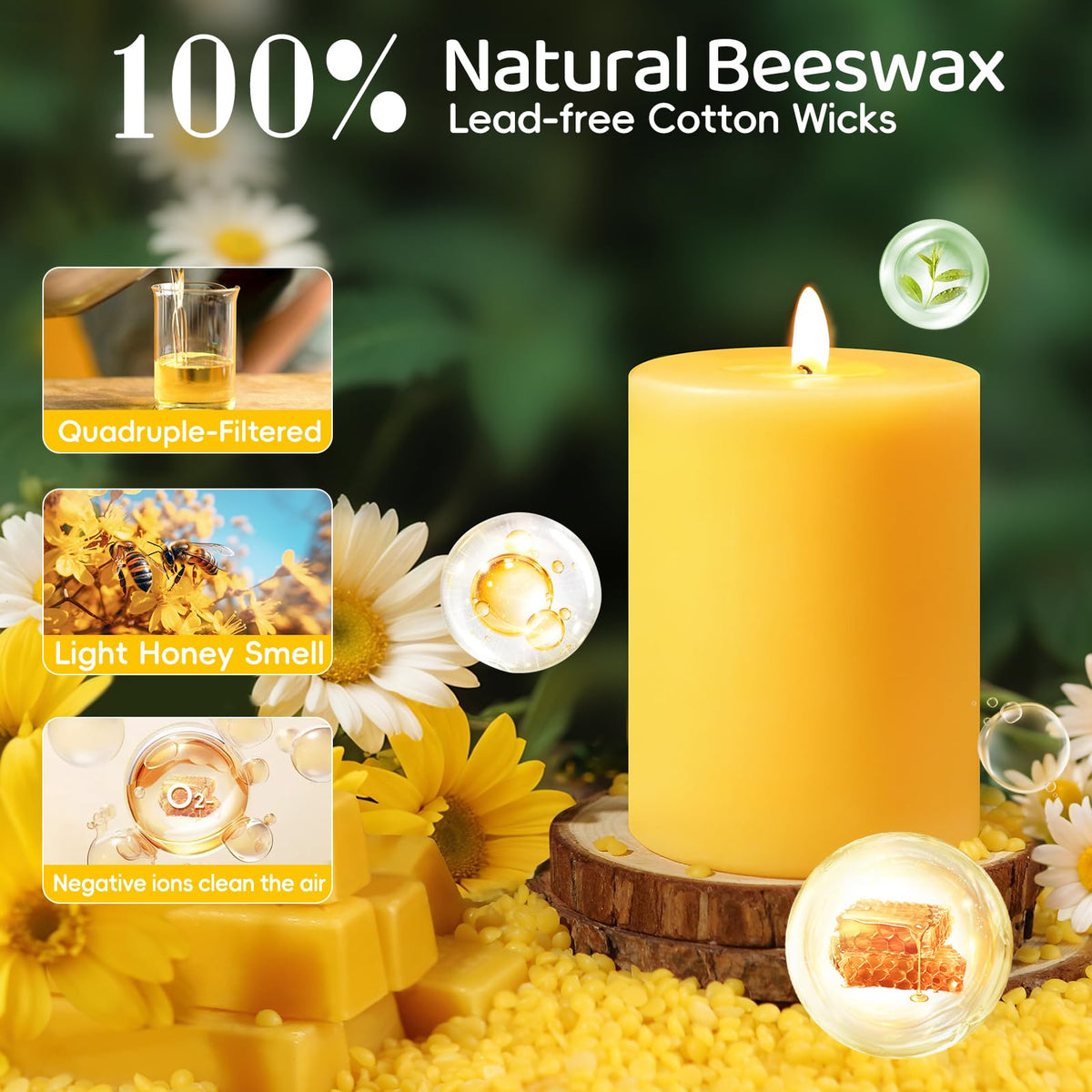 3 Pack Natural Beeswax Pillar Candles-213 Hours Long Burning,Natural Air Purifying Candle,Non-Toxic,Unscented Bees Wax Candle for Dinner Table Centerpieces,Spa,Meditation&Wellness (3x3,3x4,3x6in)