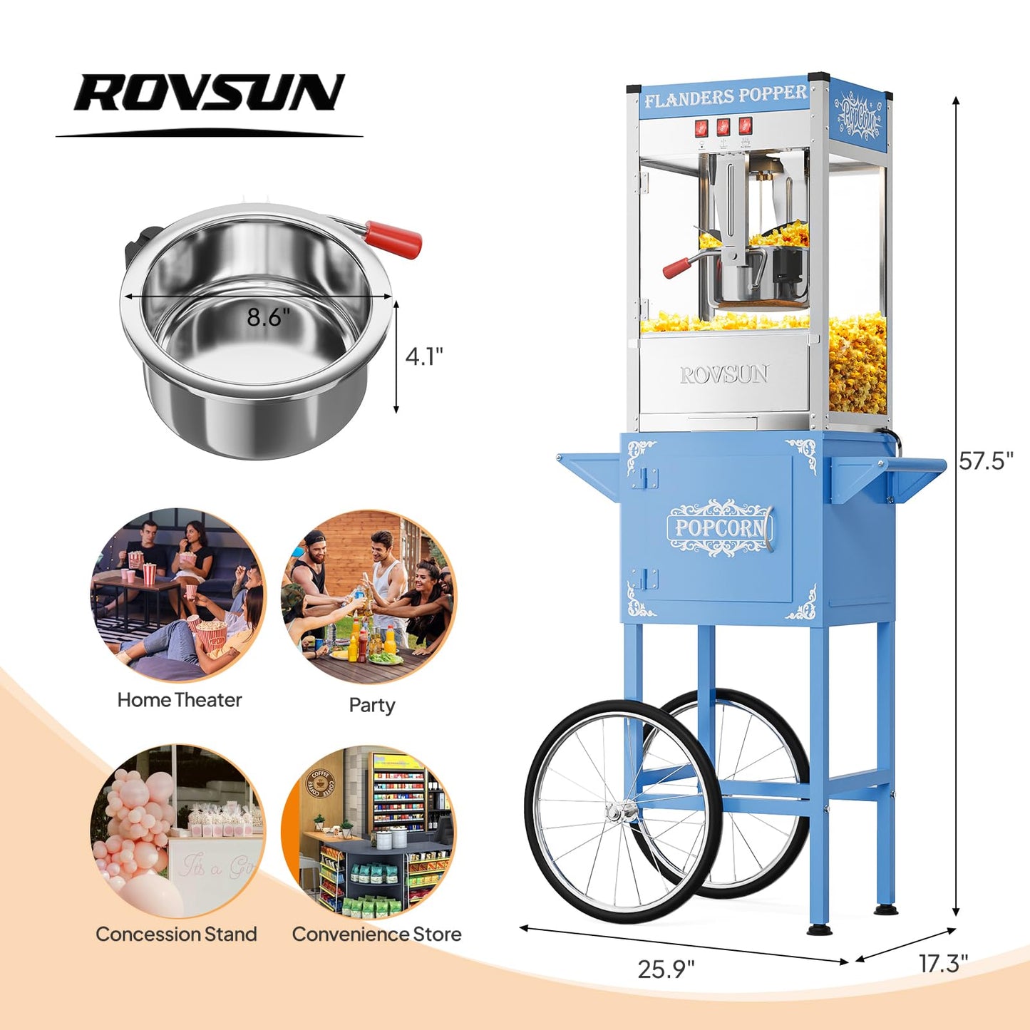 ROVSUN Popcorn Machine with Cart, 10 Oz Kettle Makes Up to 4 Gallons ETL Certified, Popcorn Maker w/Scoop, Oil Spoon, Bags & Popcorn Cups, Movie Theater Style Popper for Commercial Home Party, Blue