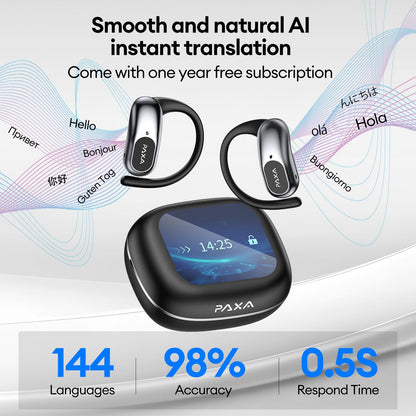 PAXA Ai Translation Earbuds Real Time 3in1 Language Translator Earbuds HD Sound Audifonos Traductores Bluetooth 5.4 Headphones Touch Screen Housing with App for Travel Business Meetings,Black