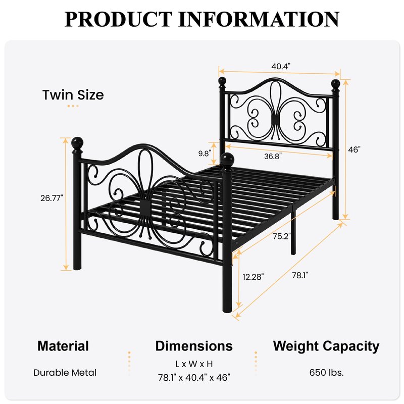 SHA CERLIN Twin Size Bed Frame for Kids,Metal Bed Frame with Butterfly Pattern Design Headboard and Footboard,No Box Spring Needed,Easy Assembly,Black
